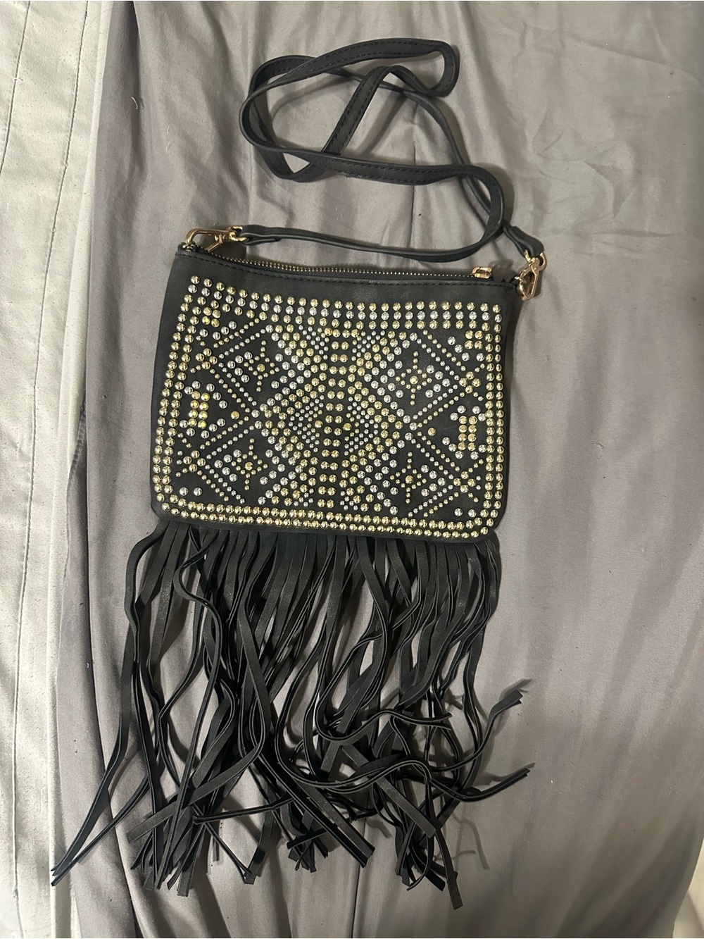 Aldo Black Crossbody Bag with Gold Stud Pattern and Fringe
